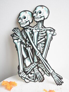 Two Vintage 70s Beistle Co Halloween 22" Jointed Die Cut Paper Skeleton Decor